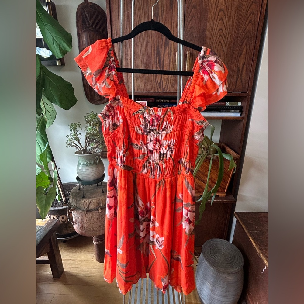 All Saints Malika Dorada Floral Orange Dress with Ruffled Sleeves